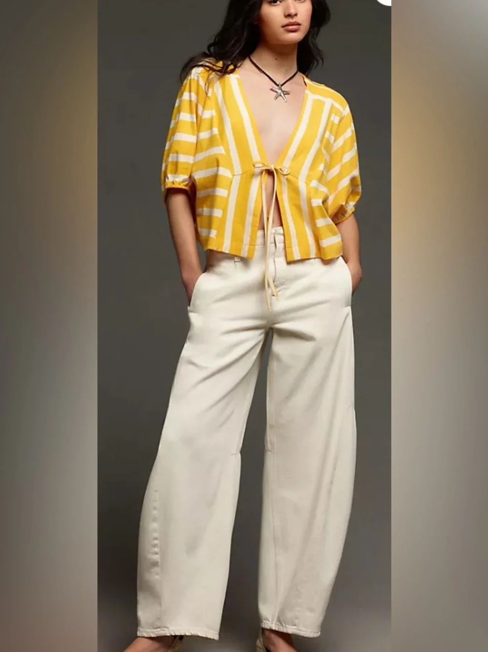 Yellow Stripe By Anthropologie Voluminous Tie-Front Top Yellow Stripe Top: Small